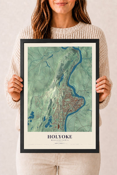 Holyoke, Massachusetts map print - 12 x 18 black Ayous wood frame