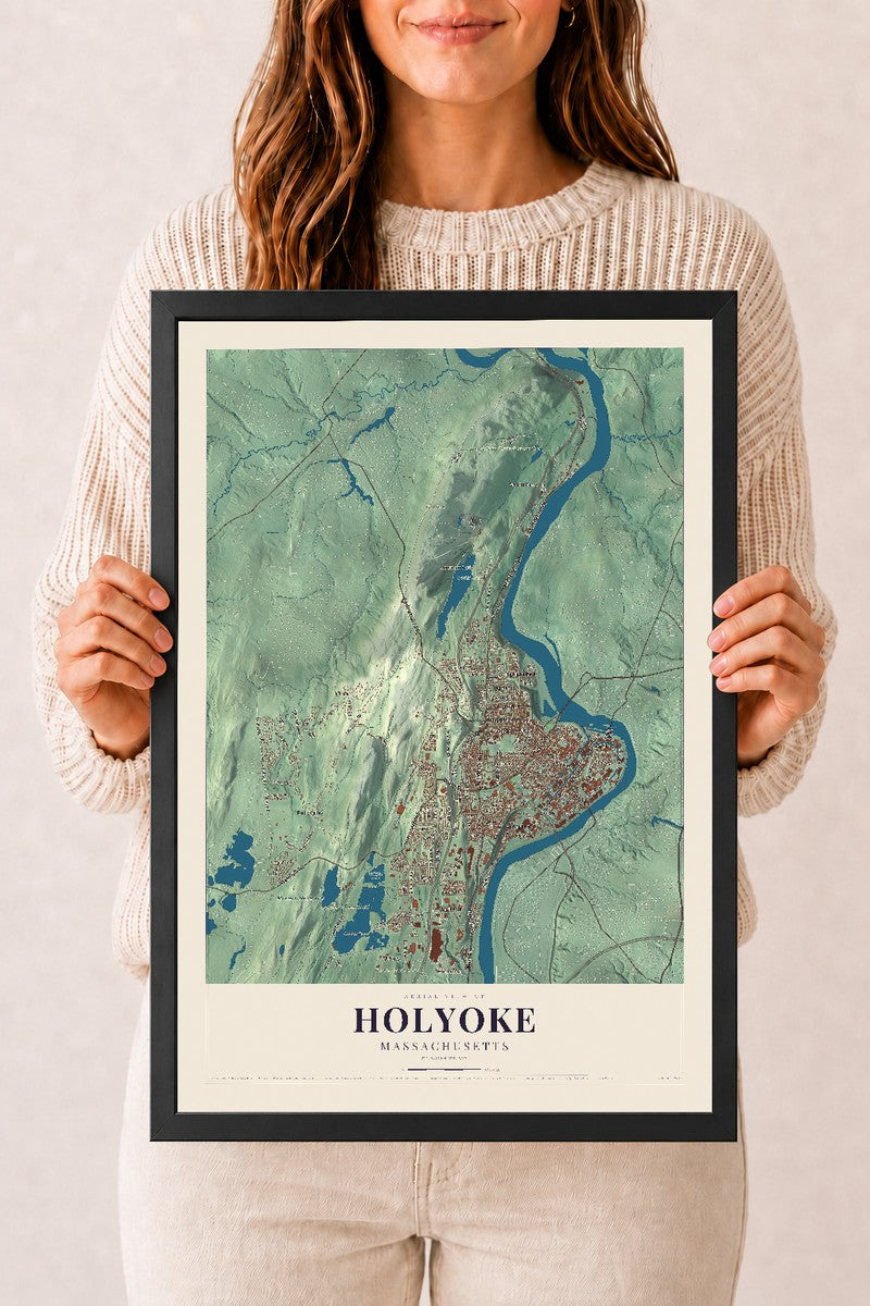 Holyoke, Massachusetts map print - 12 x 18 black Ayous wood frame