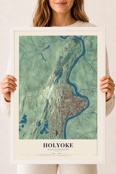 Holyoke, Massachusetts map print - 18 x 24 white Ayous wood frame