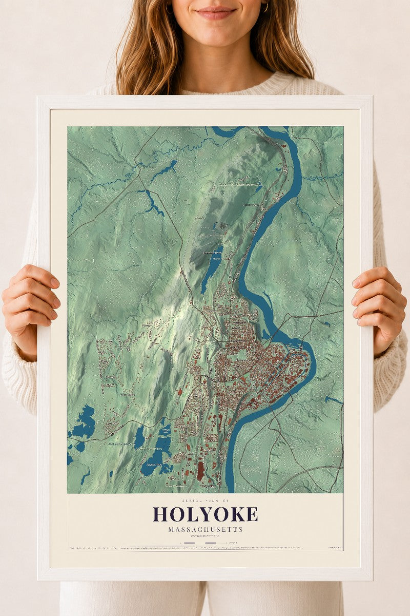 Holyoke, Massachusetts map print - 18 x 24 white Ayous wood frame