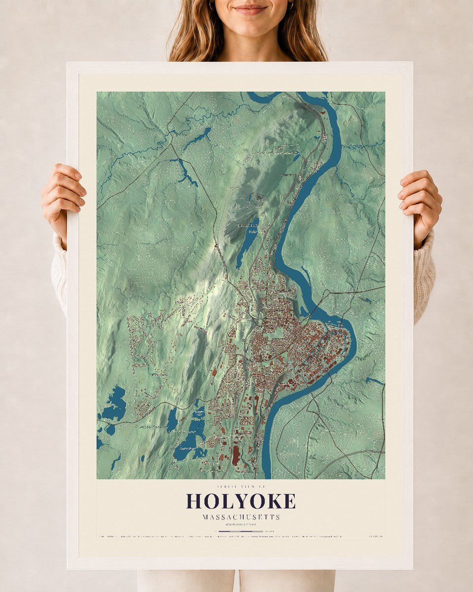 Holyoke, Massachusetts map print - 24 x 36 white Ayous wood frame