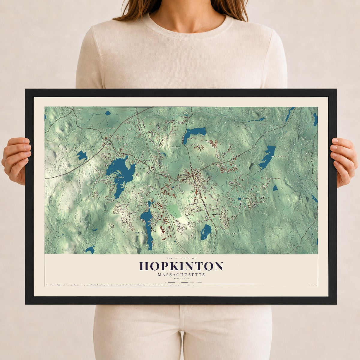 Hopkinton, Massachusetts map print - 12 x 18 black Ayous wood frame