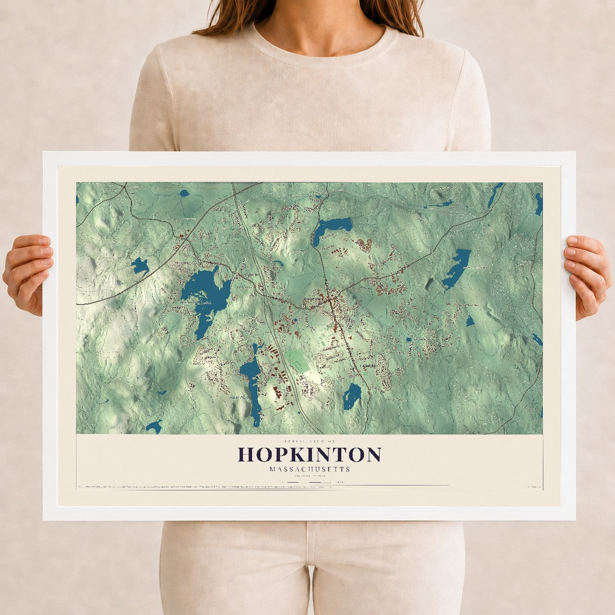 Hopkinton, Massachusetts map print - 12 x 18 white Ayous wood frame