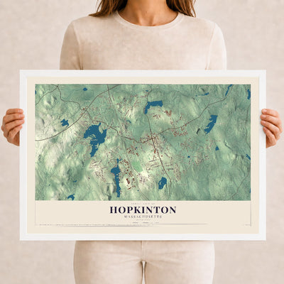 Hopkinton, Massachusetts map print - 12 x 18 white Ayous wood frame