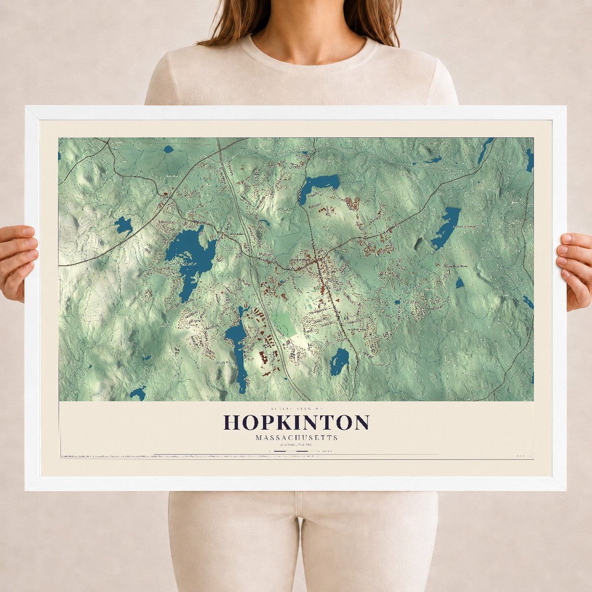 Hopkinton, Massachusetts map print - 18 x 24 white Ayous wood frame