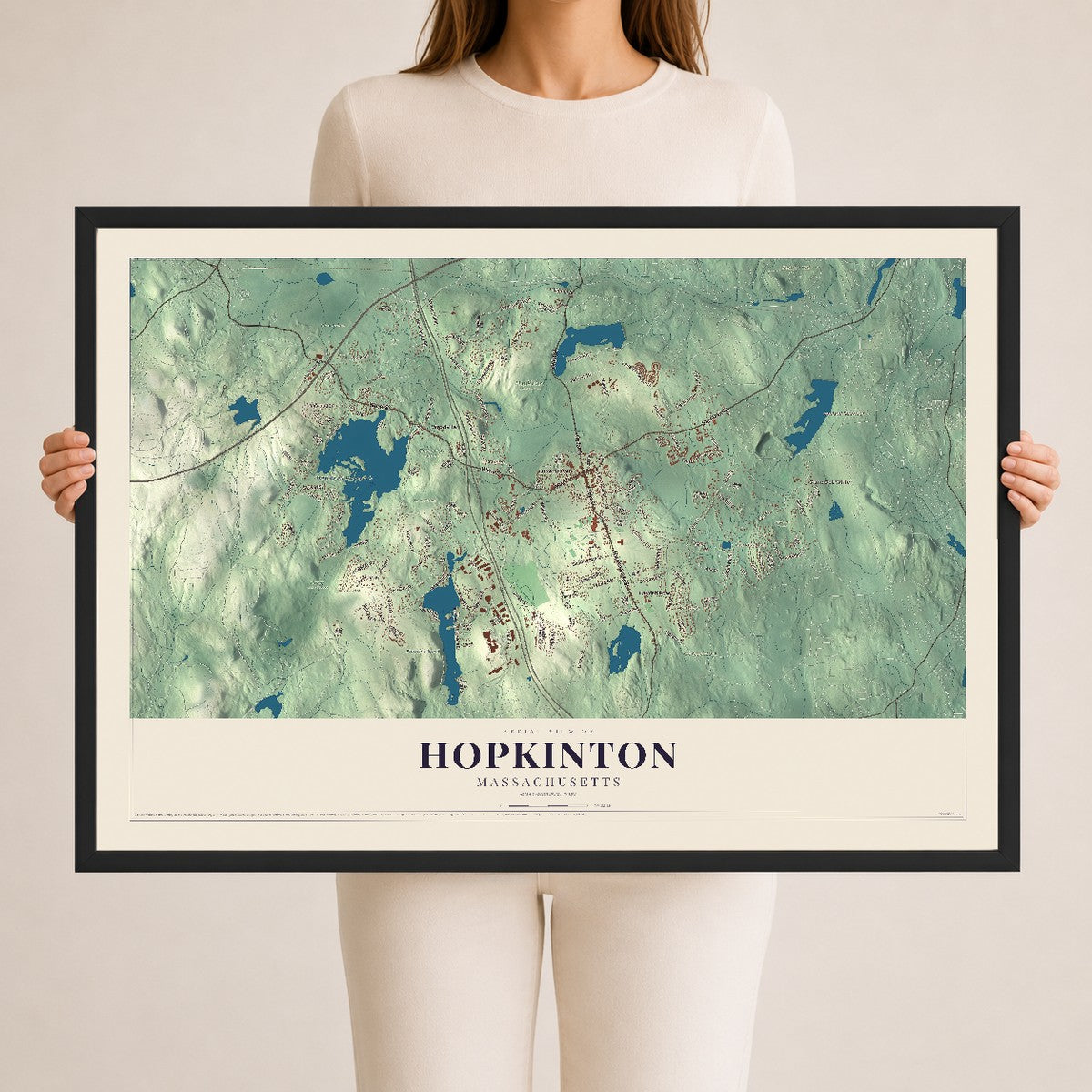Hopkinton, Massachusetts map print - 24 x 36 black Ayous wood frame