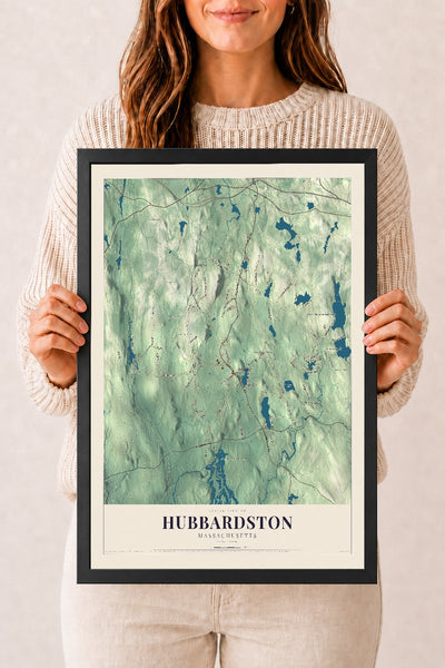 Hubbardston, Massachusetts map print - 12 x 18 black Ayous wood frame