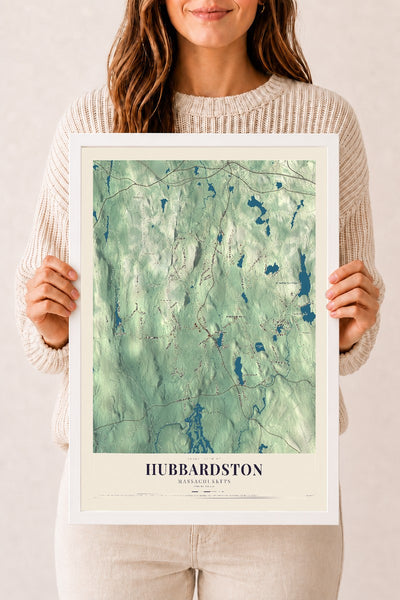Hubbardston, Massachusetts map print - 12 x 18 white Ayous wood frame
