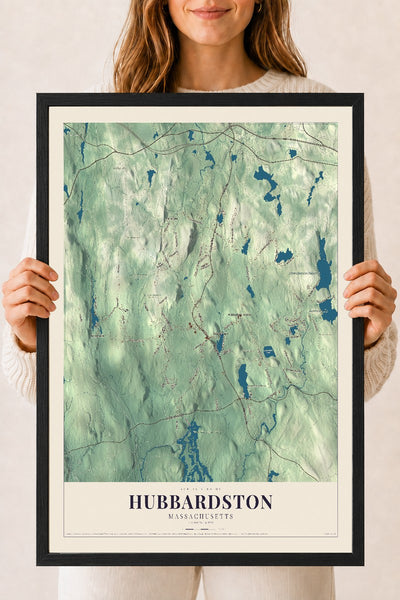 Hubbardston, Massachusetts map print - 18 x 24 black Ayous wood frame