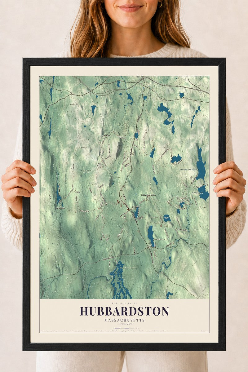 Hubbardston, Massachusetts map print - 18 x 24 black Ayous wood frame