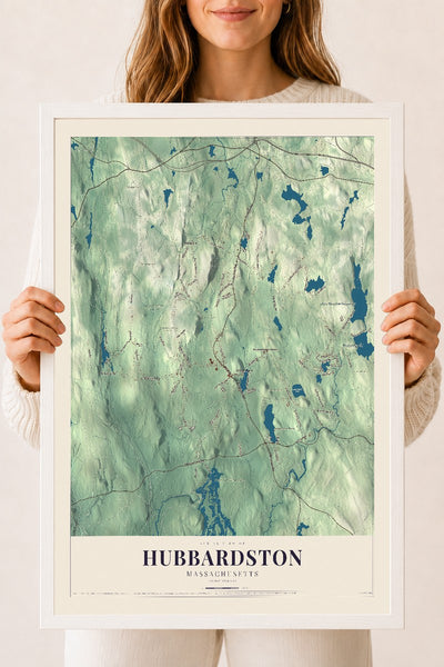 Hubbardston, Massachusetts map print - 18 x 24 white Ayous wood frame