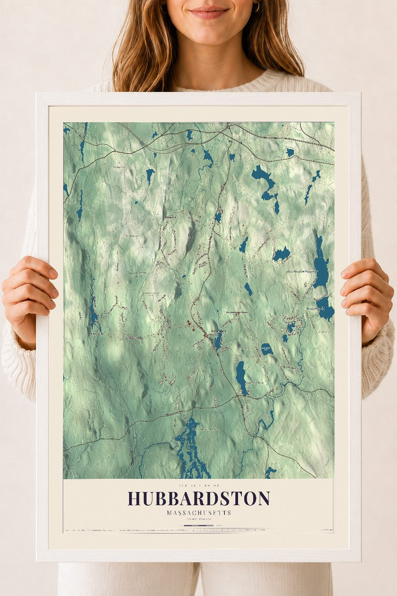 Hubbardston, Massachusetts map print - 18 x 24 white Ayous wood frame