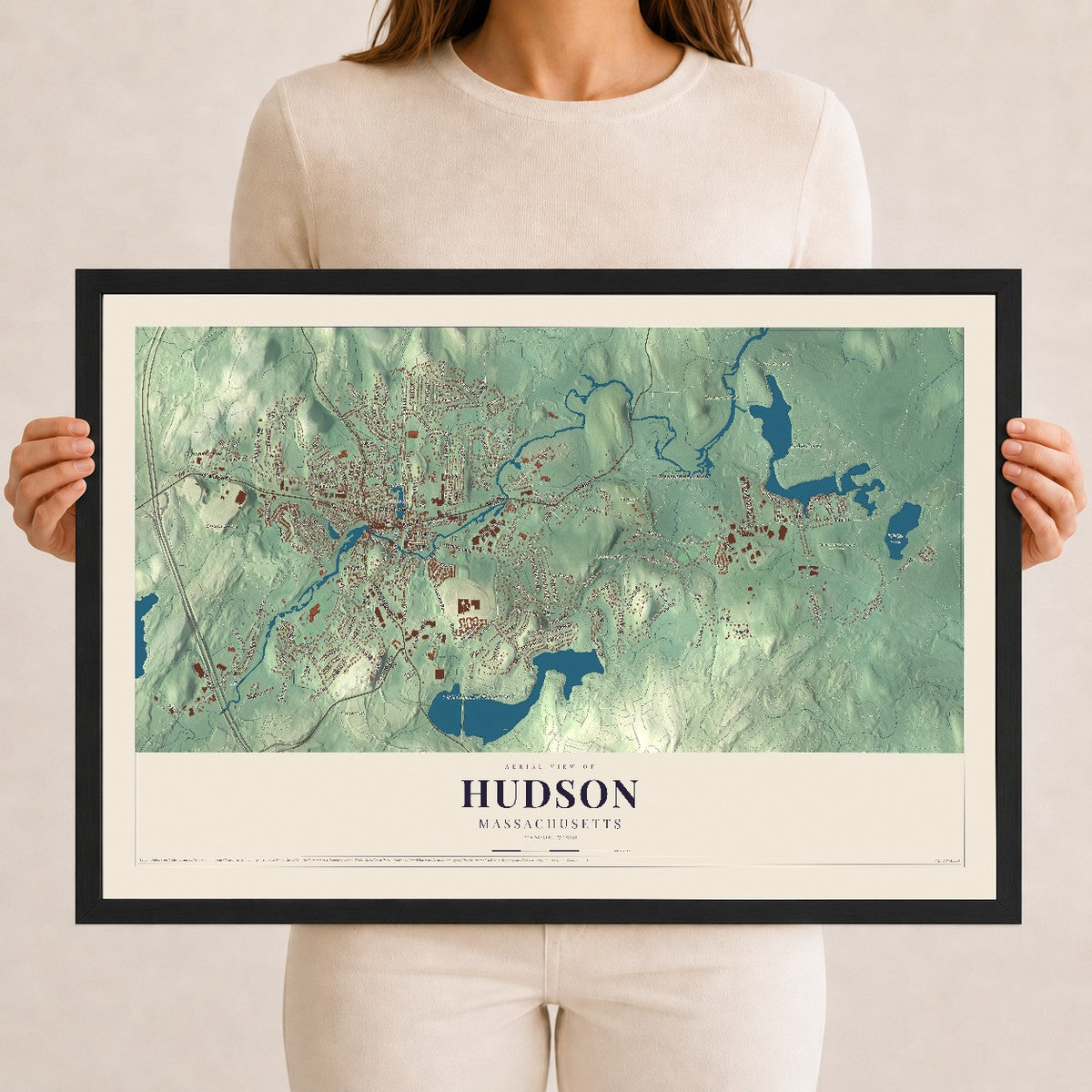 Hudson, Massachusetts map print - 12 x 18 black Ayous wood frame
