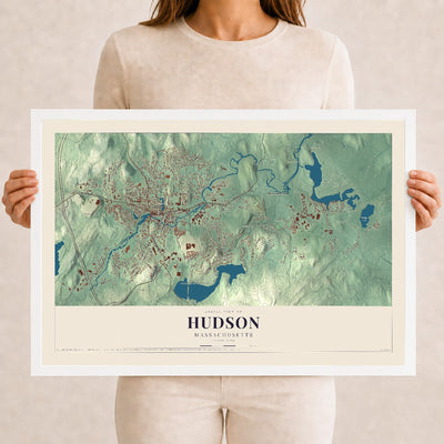 Hudson, Massachusetts map print - 12 x 18 white Ayous wood frame