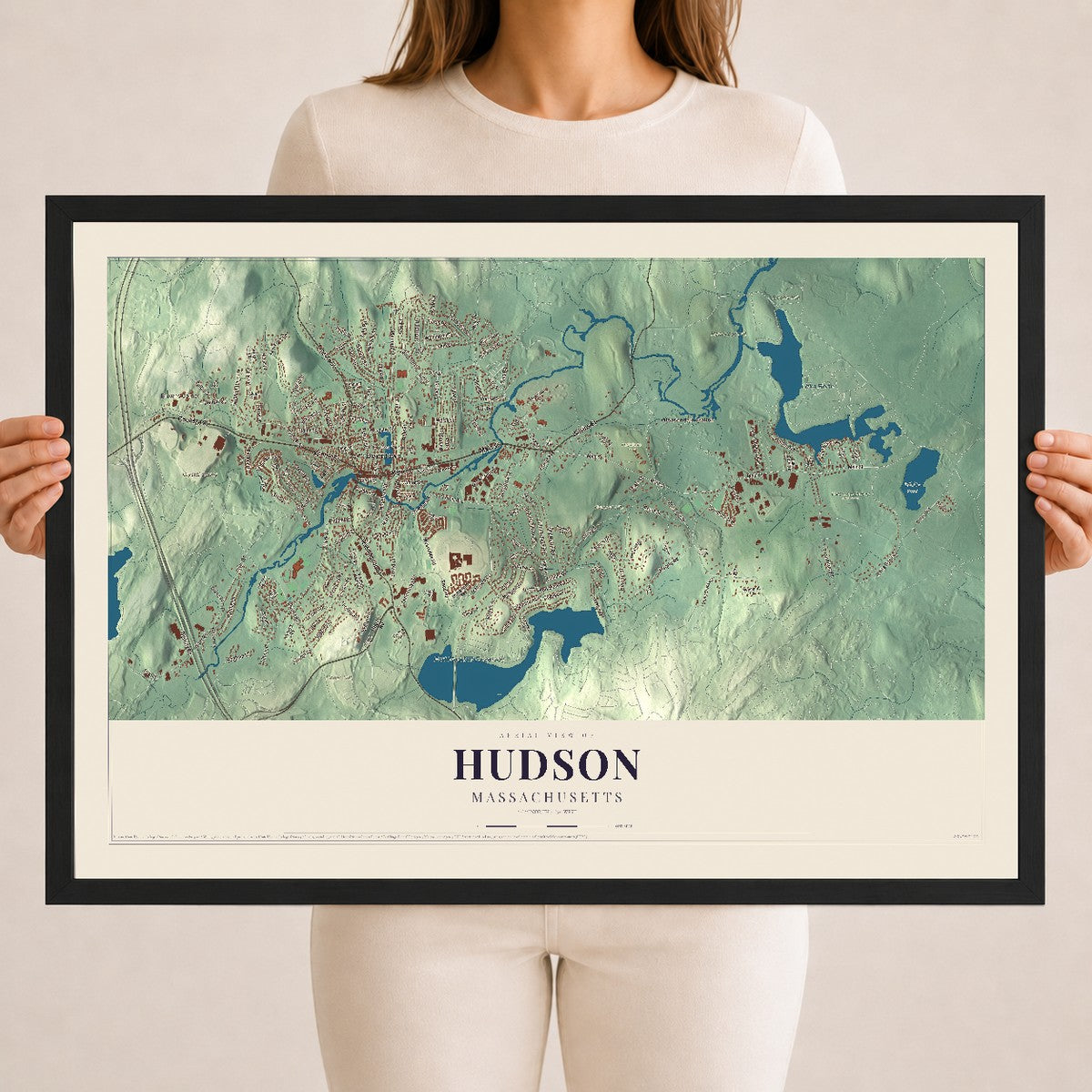 Hudson, Massachusetts map print - 18 x 24 black Ayous wood frame