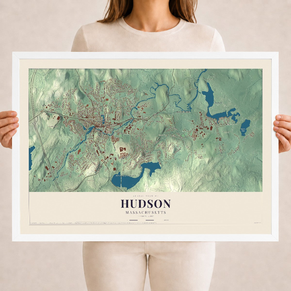 Hudson, Massachusetts map print - 18 x 24 white Ayous wood frame