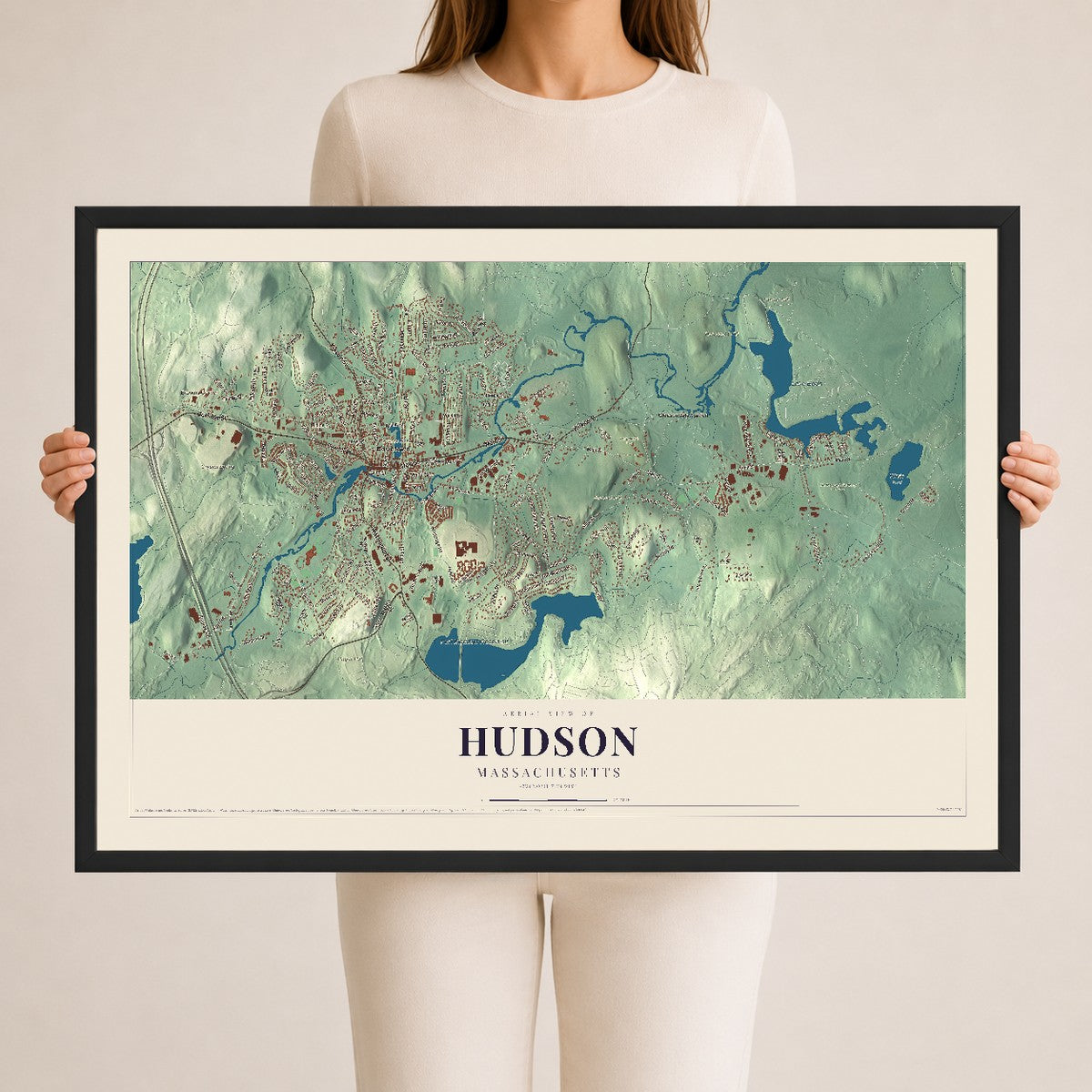 Hudson, Massachusetts map print - 24 x 36 black Ayous wood frame