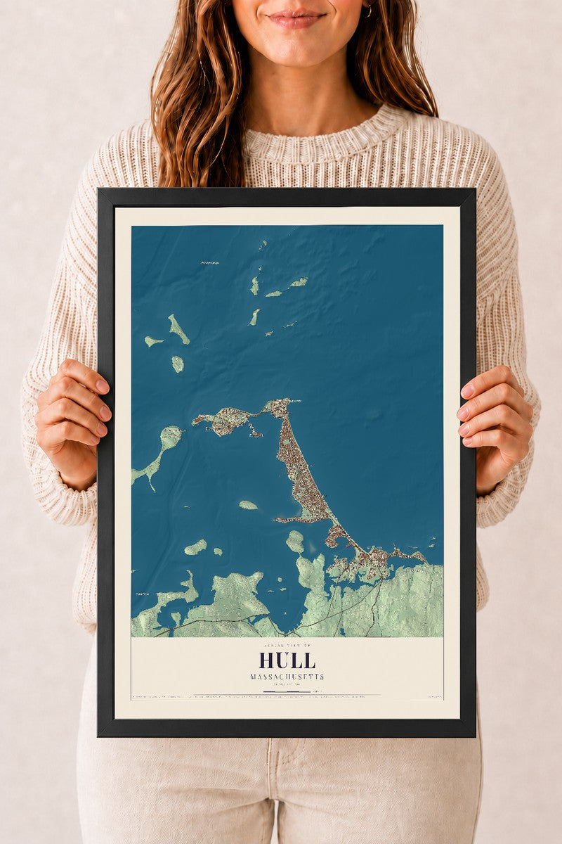 Hull, Massachusetts map print - 12 x 18 black Ayous wood frame