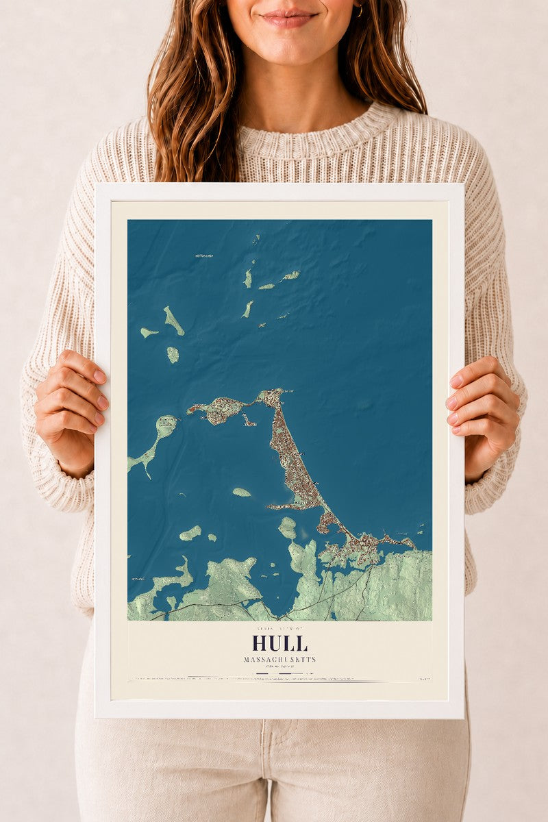 Hull, Massachusetts map print - 12 x 18 white Ayous wood frame