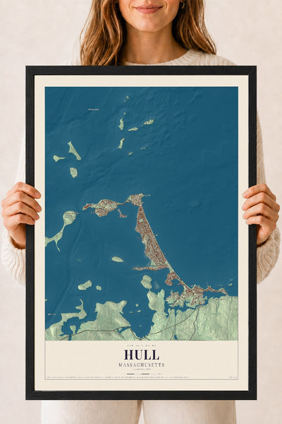 Hull, Massachusetts map print - 18 x 24 black Ayous wood frame