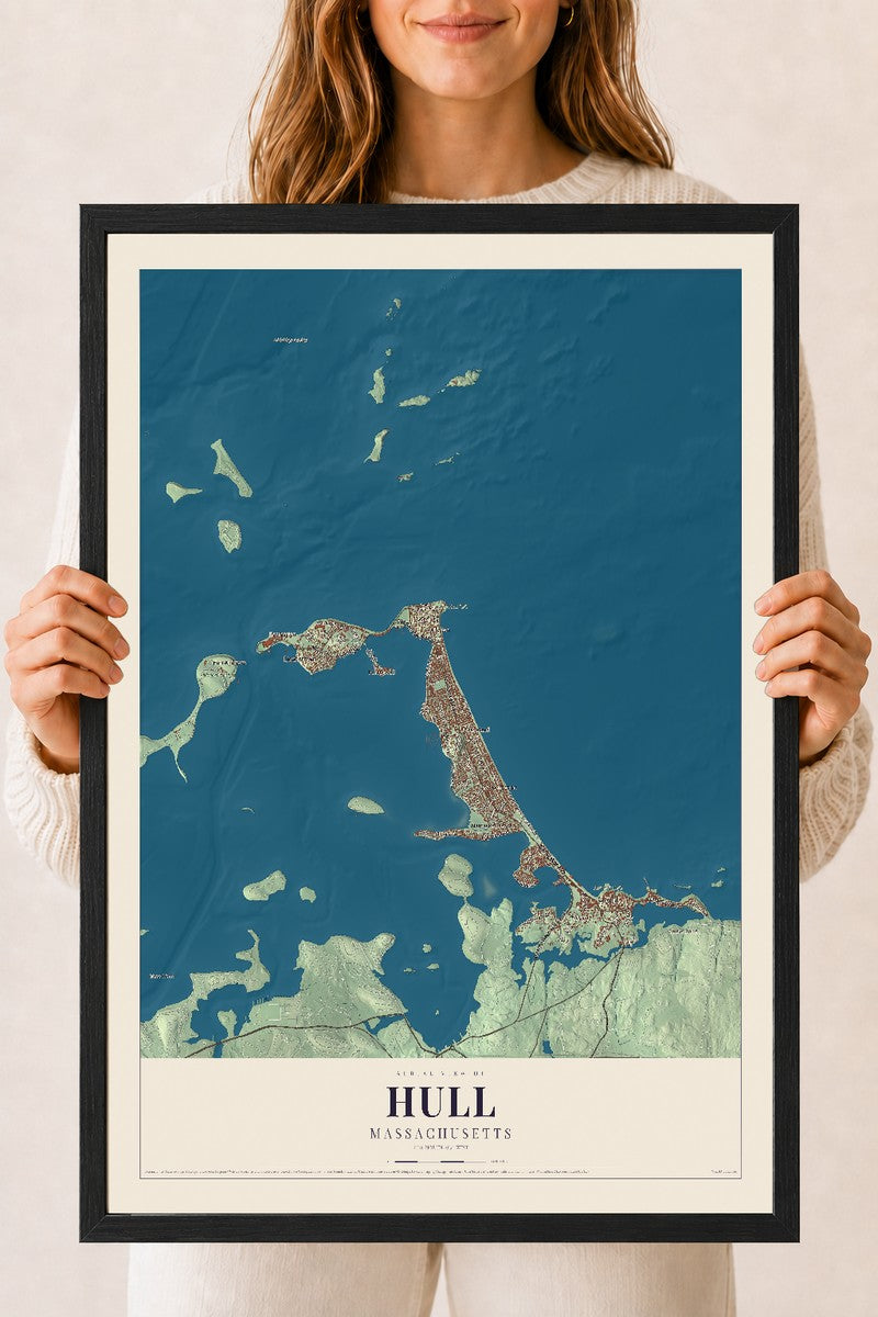 Hull, Massachusetts map print - 18 x 24 black Ayous wood frame