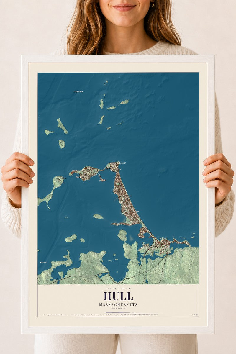 Hull, Massachusetts map print - 18 x 24 white Ayous wood frame