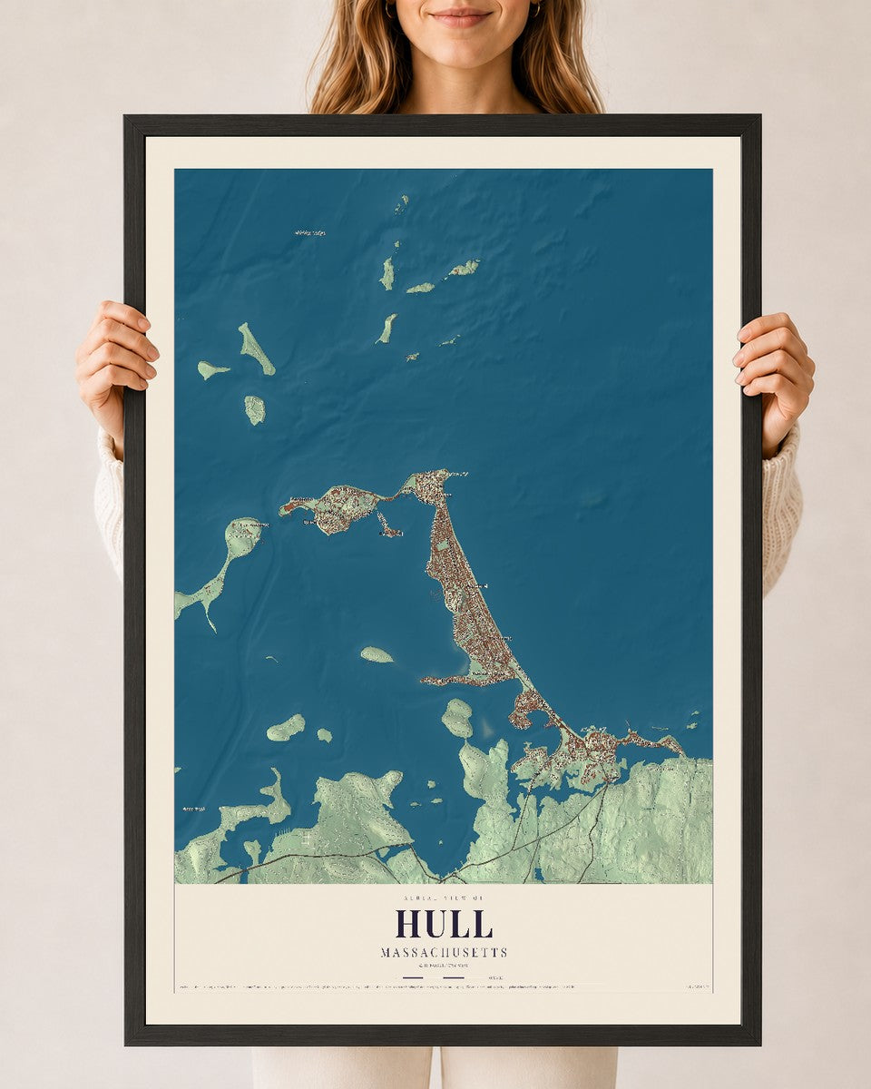 Hull, Massachusetts map print - 24 x 36 black Ayous wood frame