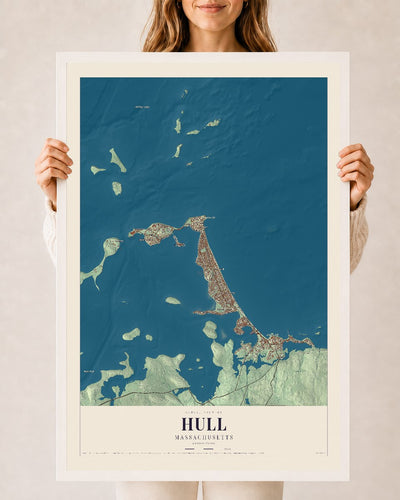Hull, Massachusetts map print - 24 x 36 white Ayous wood frame
