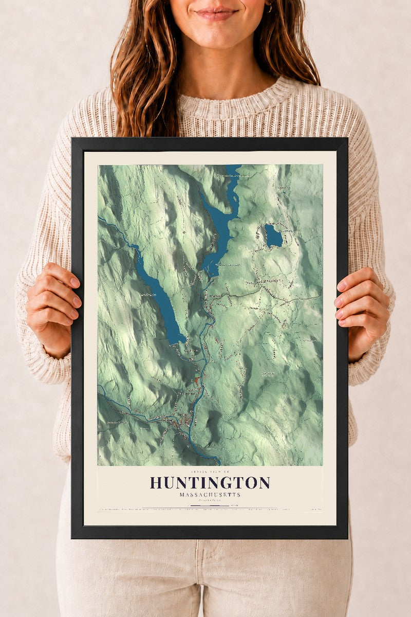 Huntington, Massachusetts map print - 12 x 18 black Ayous wood frame