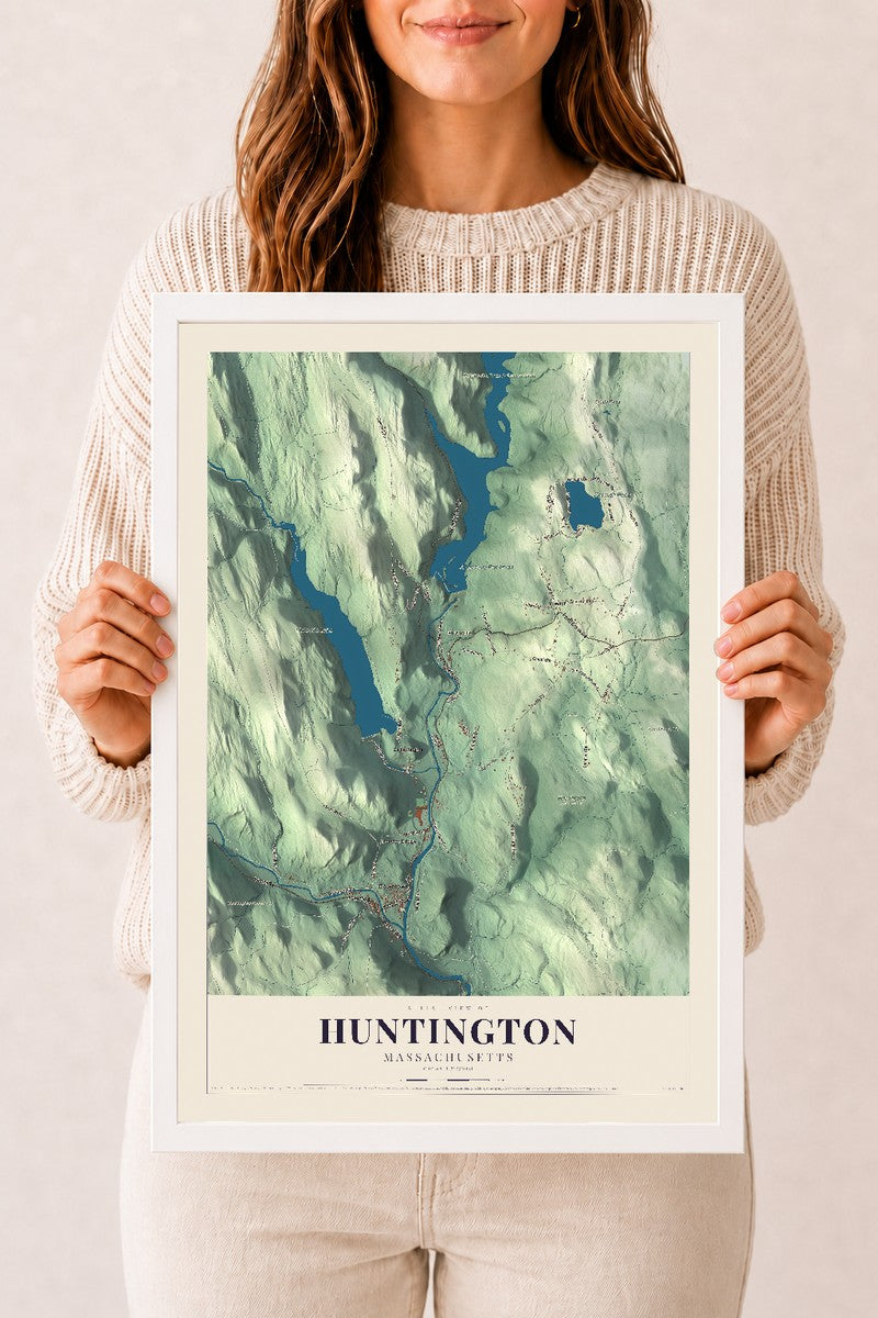 Huntington, Massachusetts map print - 12 x 18 white Ayous wood frame
