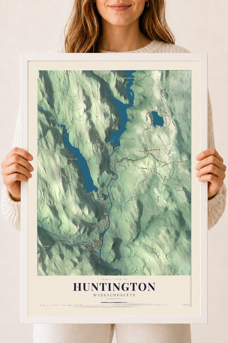 Huntington, Massachusetts map print - 18 x 24 white Ayous wood frame