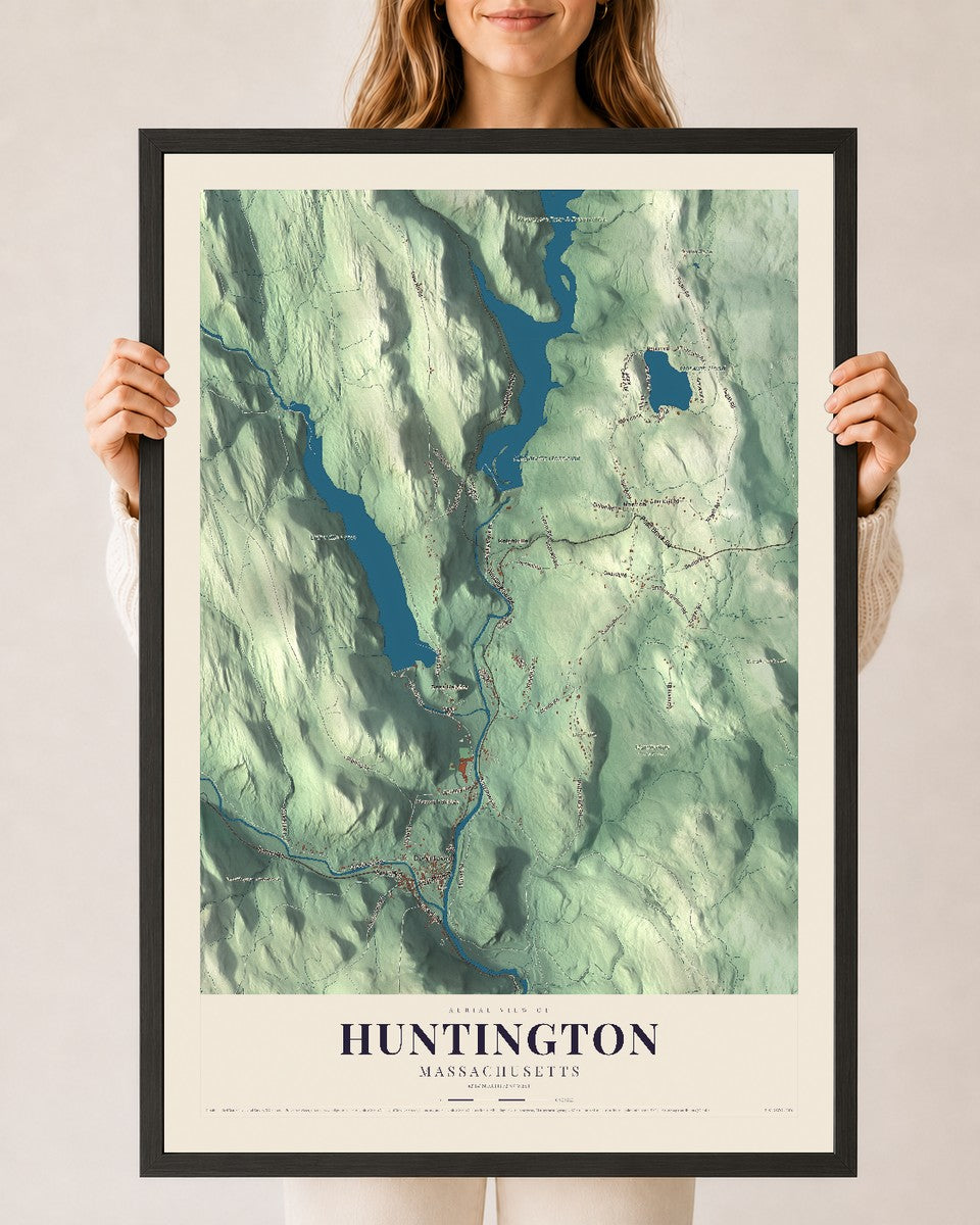Huntington, Massachusetts map print - 24 x 36 black Ayous wood frame