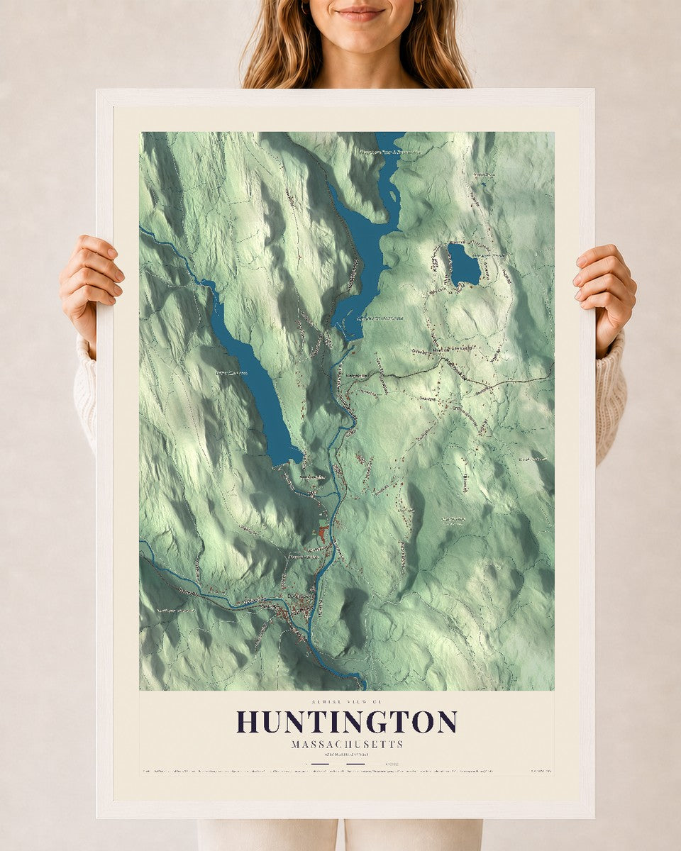 Huntington, Massachusetts map print - 24 x 36 white Ayous wood frame