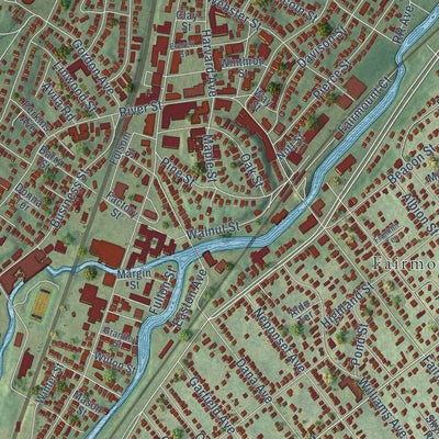 Close-up of the map of Hyde Park, Massachusetts print showing street and building detail