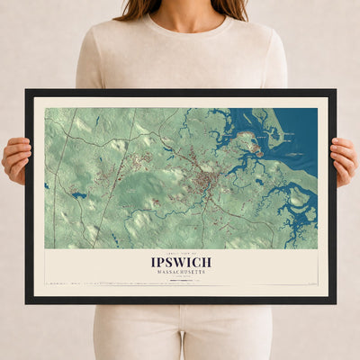 Ipswich, Massachusetts map print - 12 x 18 black Ayous wood frame
