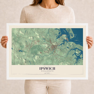 Ipswich, Massachusetts map print - 12 x 18 white Ayous wood frame