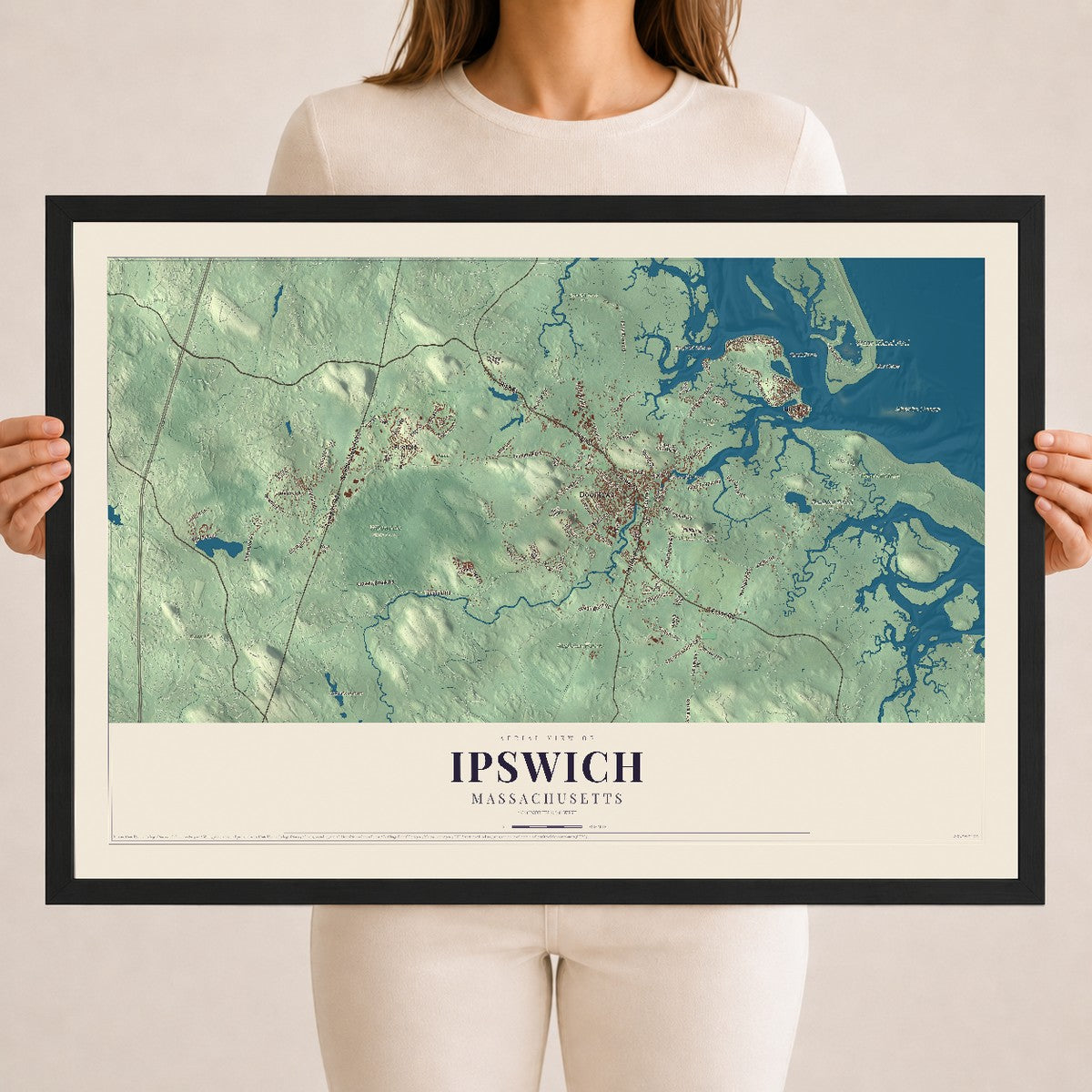 Ipswich, Massachusetts map print - 18 x 24 black Ayous wood frame