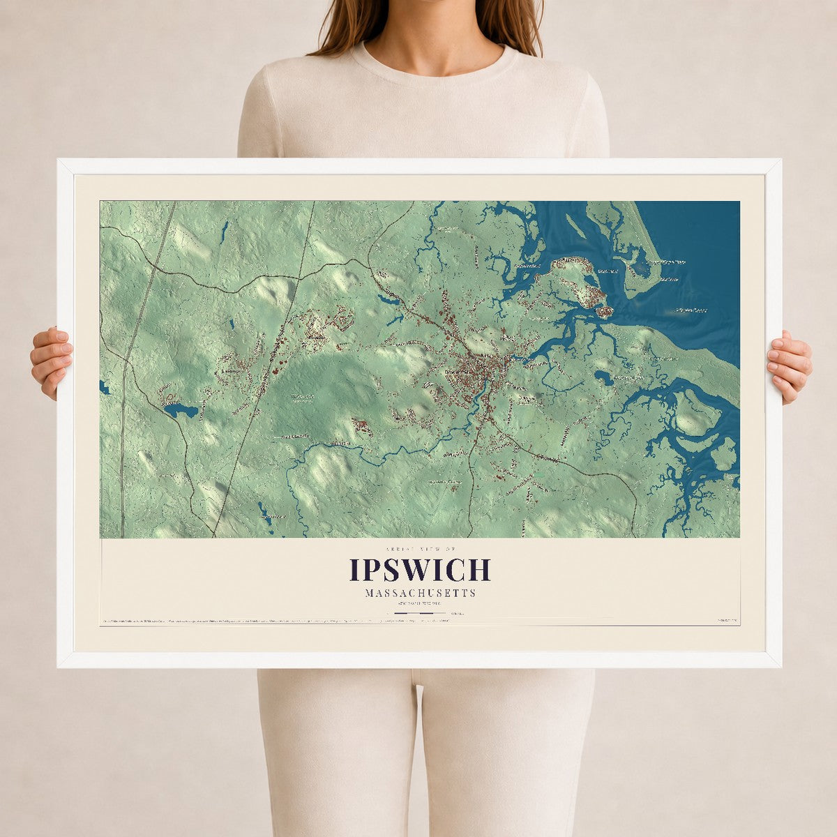 Ipswich, Massachusetts map print - 24 x 36 white Ayous wood frame