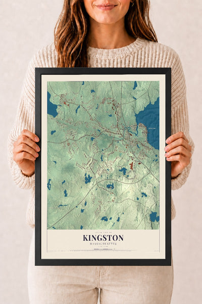 Kingston, Massachusetts map print - 12 x 18 black Ayous wood frame