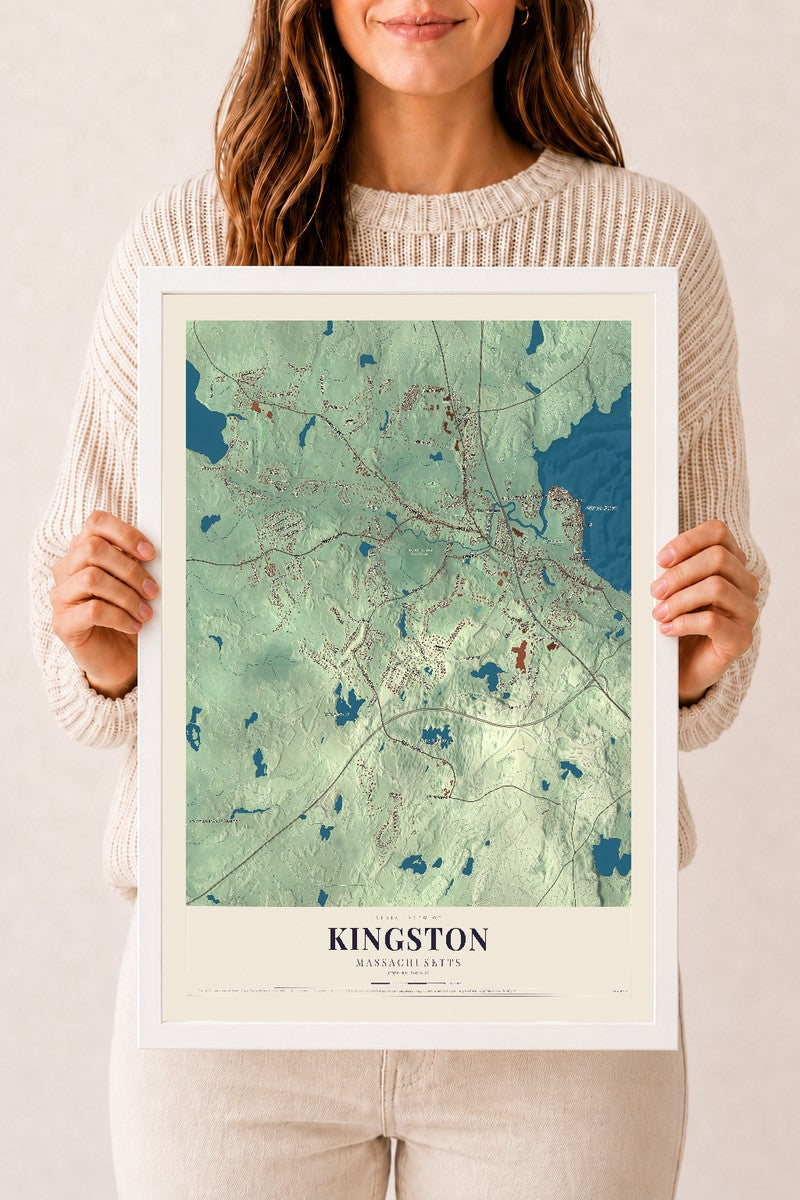Kingston, Massachusetts map print - 12 x 18 white Ayous wood frame