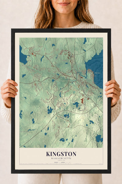 Kingston, Massachusetts map print - 18 x 24 black Ayous wood frame
