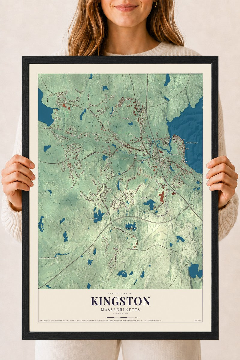 Kingston, Massachusetts map print - 18 x 24 black Ayous wood frame