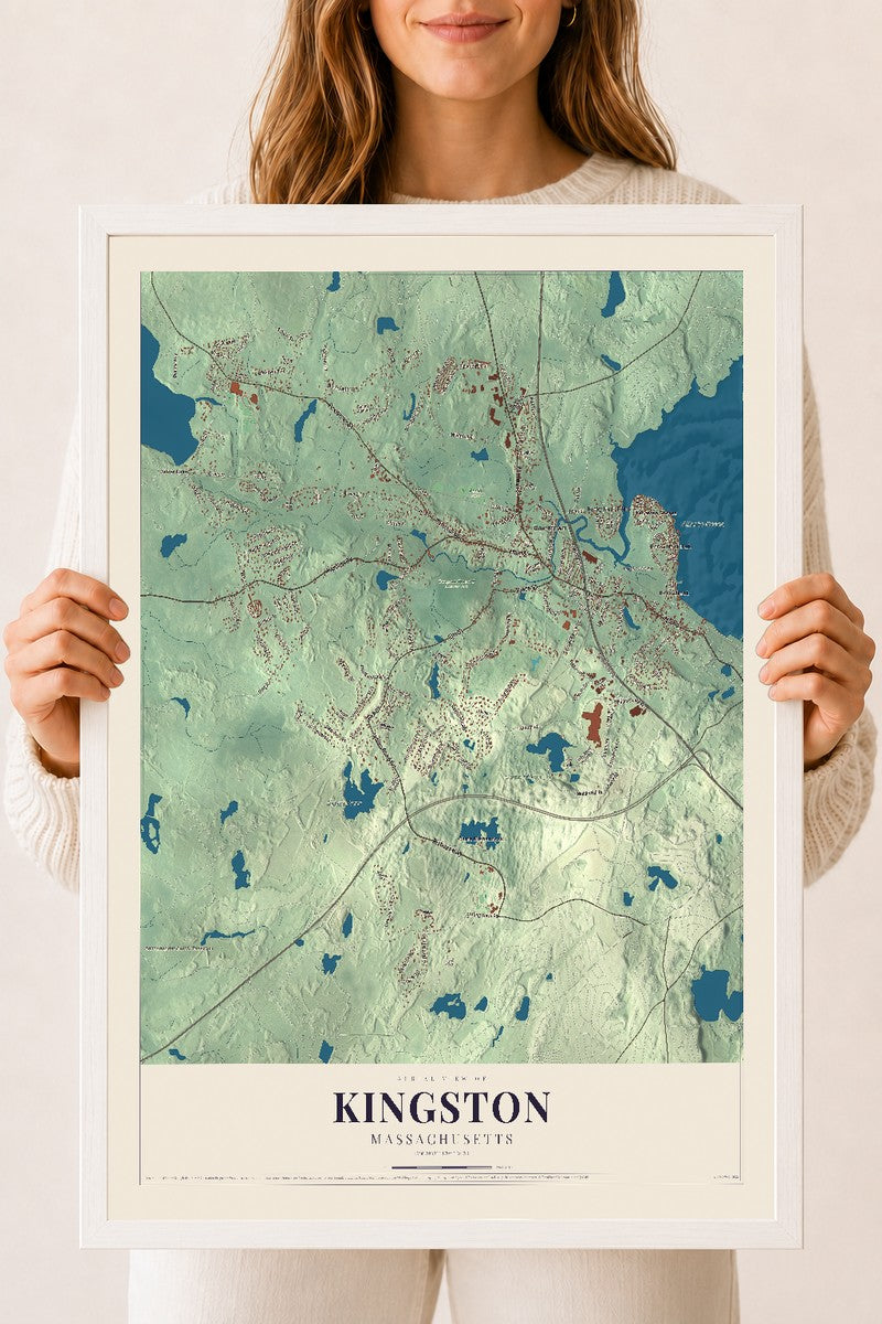 Kingston, Massachusetts map print - 18 x 24 white Ayous wood frame