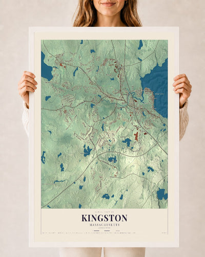 Kingston, Massachusetts map print - 24 x 36 white Ayous wood frame