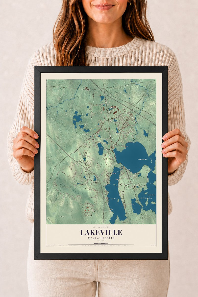 Lakeville, Massachusetts map print - 12 x 18 black Ayous wood frame