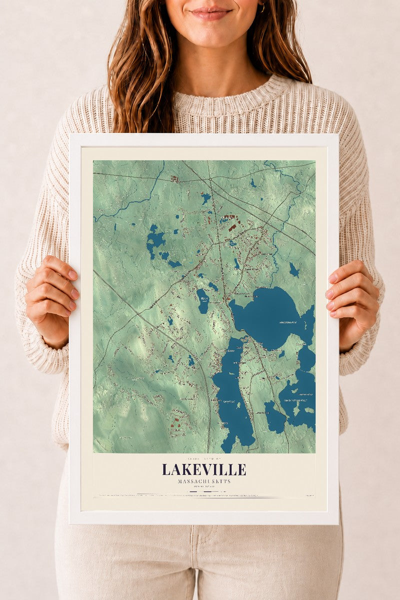 Lakeville, Massachusetts map print - 12 x 18 white Ayous wood frame