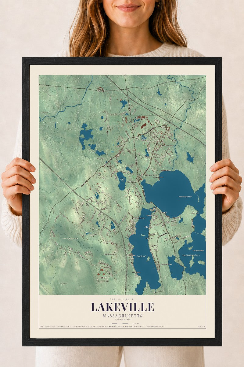 Lakeville, Massachusetts map print - 18 x 24 black Ayous wood frame
