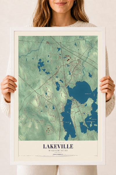 Lakeville, Massachusetts map print - 18 x 24 white Ayous wood frame