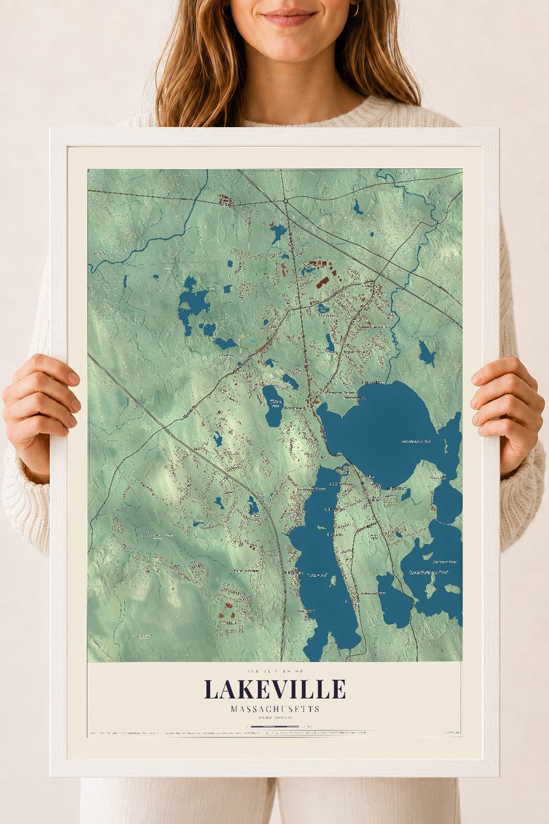 Lakeville, Massachusetts map print - 18 x 24 white Ayous wood frame
