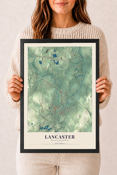 Lancaster, Massachusetts map print - 12 x 18 black Ayous wood frame